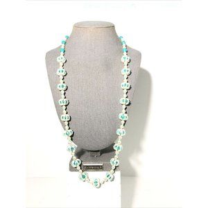 Vintage Long 28” Blue & White Flower Bead Strand Necklace. Fashion Jewelry.